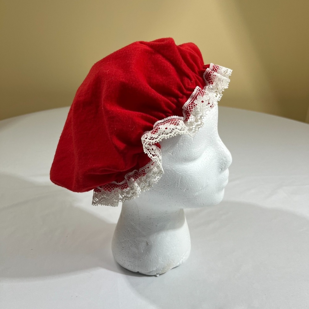 Vintage Red Bonnet Mop Cap Lace Trim Costume Cottagecore Cosplay Headpiece